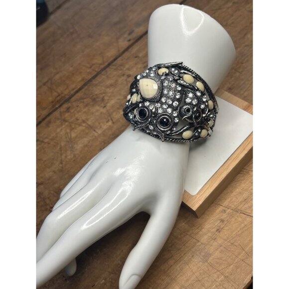 Vintage Silver-Tone Owl Cuff Bracelet With Rhinestones & Ivory Accents - Stateme - Picture 4 of 13